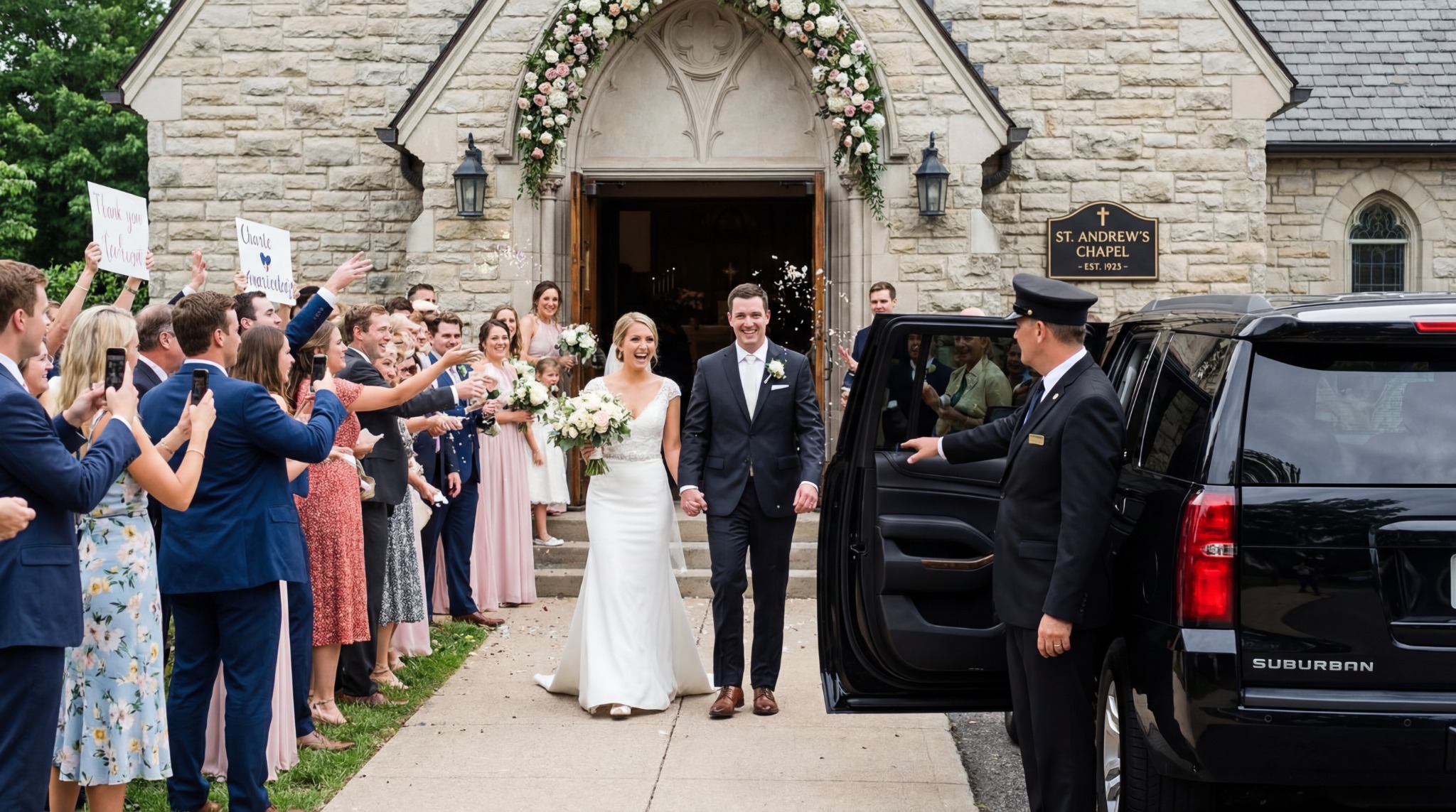Wedding couple with luxury transportation